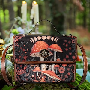 Dark Cottagecore Mushroom Satchel, Whimsical Boho Crossed Body Bag, Organized Witchcraft bag, Decorative Mushroom Bag, Whimsigoth Handbag