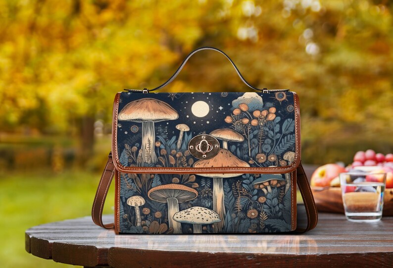 Cottagecore witch Canvas Satchel bag, Cute Mushroom Moon crossed body purse, Goblincore Dark Forest Bag, Witchy Mushroom Bag image 1