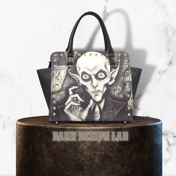 Goth Retro Nosferatu Purse with Rivets, Gothic Horror Handbag, Whimsigoth Hand Bag, Spooky Gothic Bag, Black and White Vampire Purse