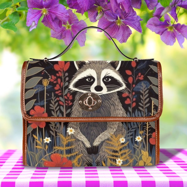 Dark Cottagecore Raccoon Satchel Bag, Dark Forest Crossed Body Bag, Goblincore Hand Bag, Canvas Forest Animal Accessory Bag