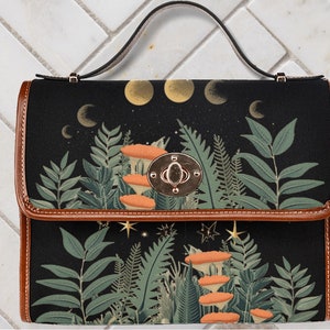 Cottagecore Moon Phase Satchel bag, Cute Forest Witch Canvas crossed body purse, vegan leather forest shoulder bag, witchy gift