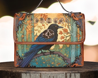 Cottagecore Mystic Crow Satchel: Witchy Whimsigoth Crow Decorative Purse, Organized Bag for Witchcraft Enthusiasts, Pastel Goth Crow Handbag