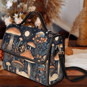 Cottagecore witch Canvas Satchel bag, Cute Mushroom Moon crossed body purse, Goblincore Dark Forest Bag, Witchy Mushroom Bag image 4