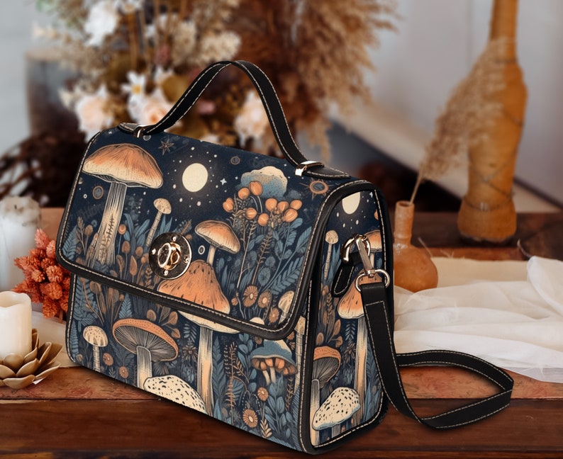 Cottagecore witch Canvas Satchel bag, Cute Mushroom Moon crossed body purse, Goblincore Dark Forest Bag, Witchy Mushroom Bag image 4