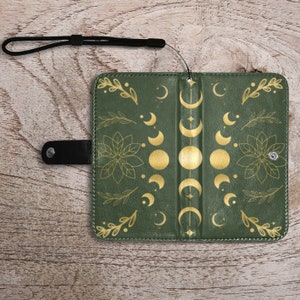 Green Witch Moon Phone Wallet, Mini Black Vegan leather phone wallet, Moon Phase long zipper clutch, PU leather moon phone bag, Witches gift