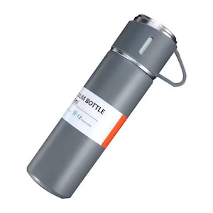 May include: A gray stainless steel vacuum insulated water bottle with a carrying handle. The bottle has a label that reads "Vacuum Bottle" and "12 hours cold".