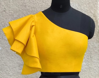 Yellow Ruffle Blouse One shoulder Blouse With New pattern fancy blouse Wedding wear party wear Custom Made Blouse Ready to wear Blouse