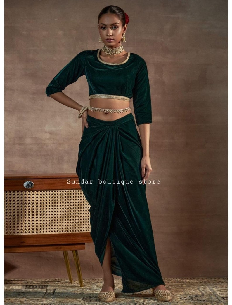 Latest Velvet Draped Blouse Dhoti Party Indo Western Dhoti Skirts Crop