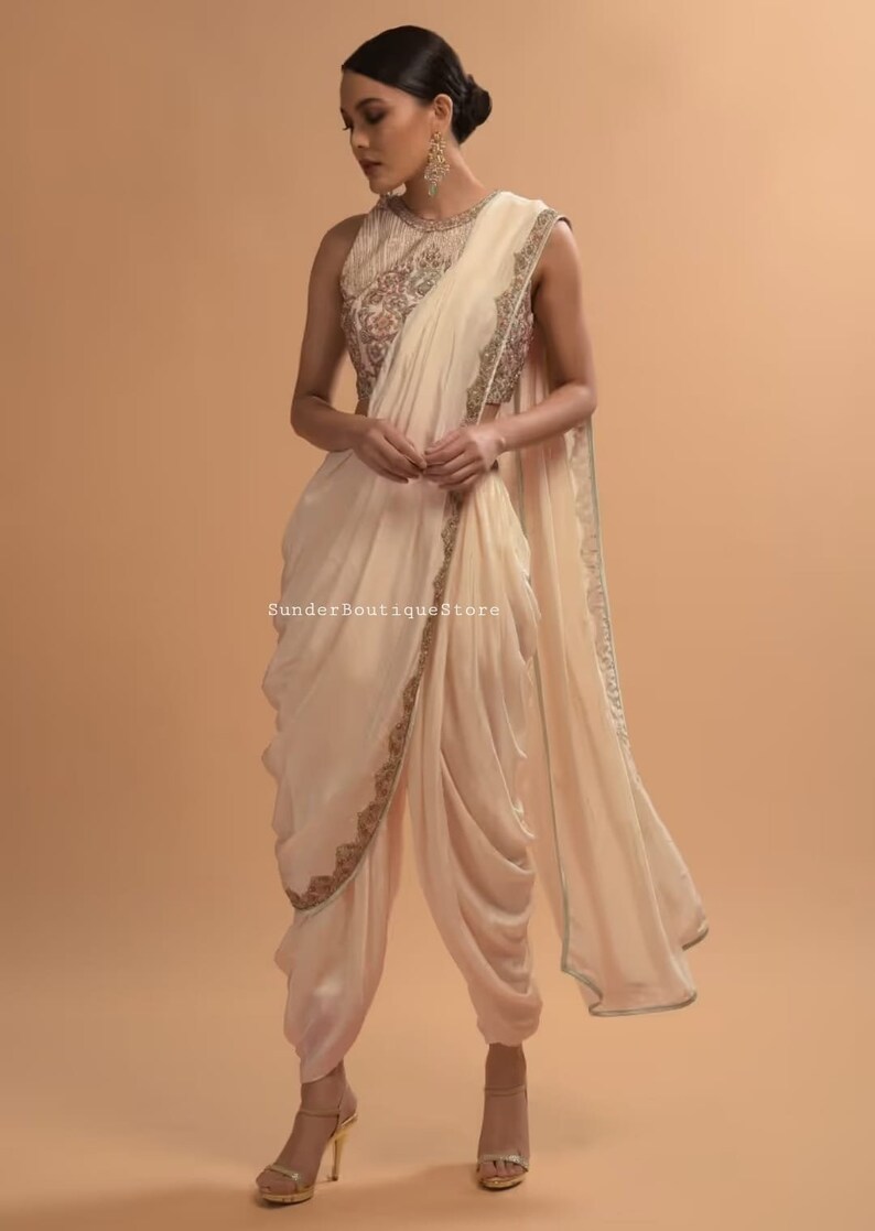 Beautiful Ivory Dhoti Saree Crop Top With Embossed Floral Etsy