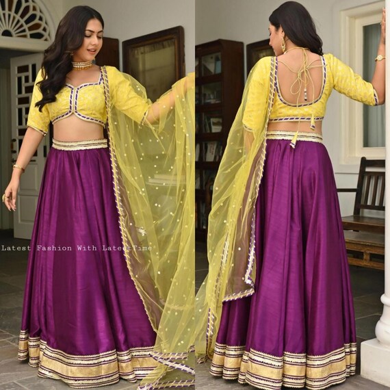 Yellow Purple Silk Lehenga Party Wear Bridesmaids Lehengas