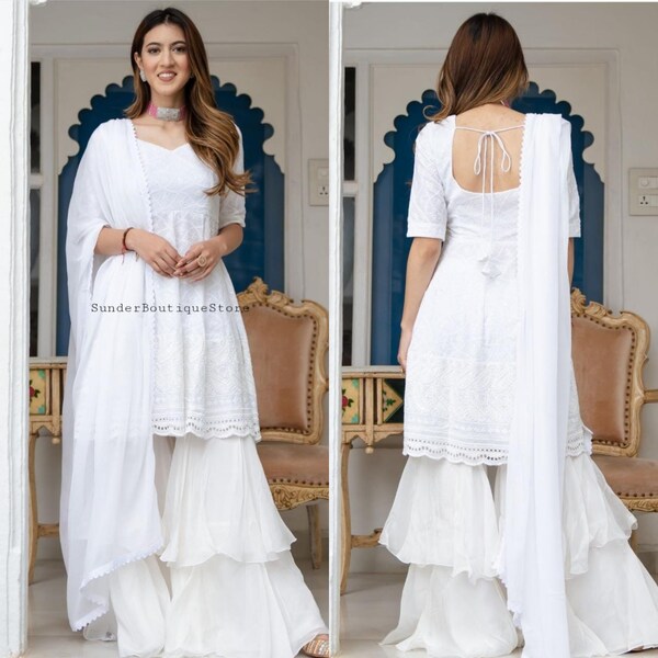 Beautiful White Cotton Embroidered Short Kurta And Tiered Sharara Bollywood Sharara Suit Kurta Solid Sharara set