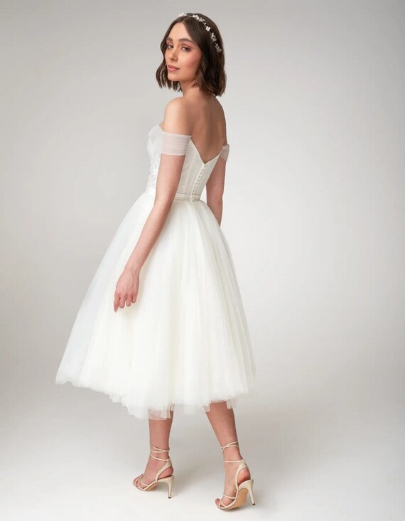 Modern V-neck A Line Satin Tea-length Wedding Dress with Sash - June Bridals