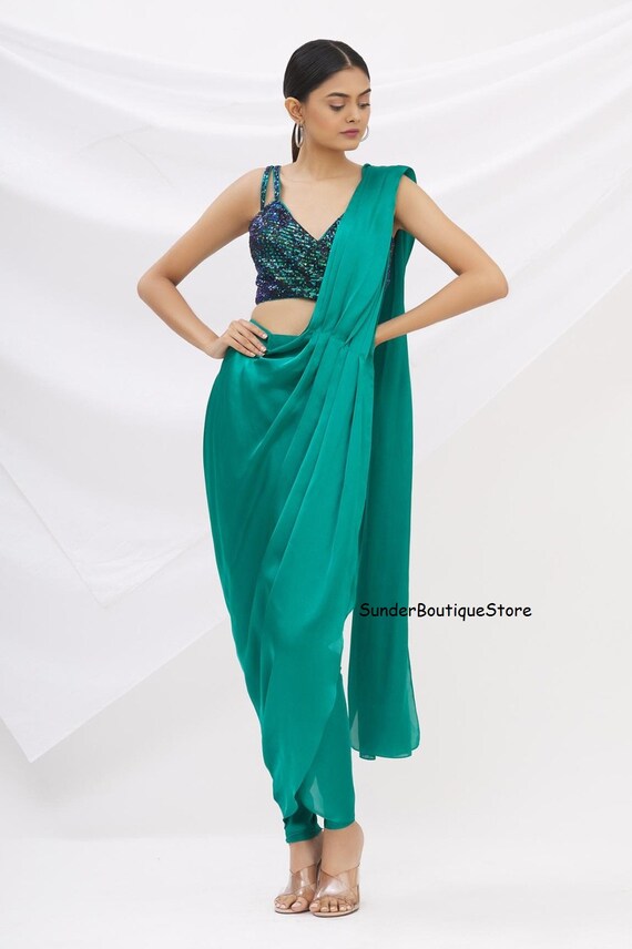 Indian Saree Satin Pre draped Pant Saree With Blouse Dhoti Pant