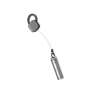 May include: A silver retractable keychain with a black retractable cord and a black metal ring. The keychain has a silver metal casing with a black button.