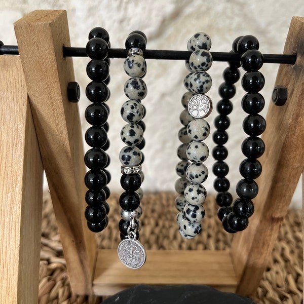 Bracelet femme obsidienne /jaspe dalmatien