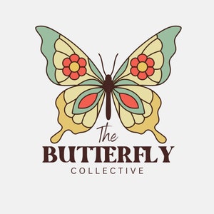 May include: A vintage-style butterfly logo with a cream, yellow, red, and teal color palette. The butterfly has flower accents on its wings. The text "The BUTTERFLY COLLECTIVE" is displayed in a serif font below the butterfly.