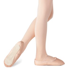May include: A pair of pink leather ballet shoes with elastic straps. The shoes are worn by a person with bare legs and pink tights.