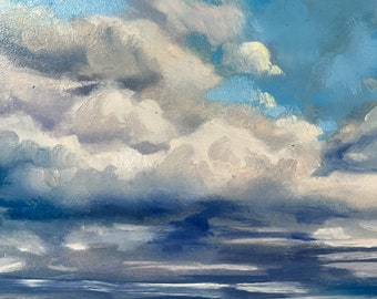 【F4号】good blue(spelling) 油絵 oil painting Tower Clouds Over the Mountains. Landscape Painting, Gift