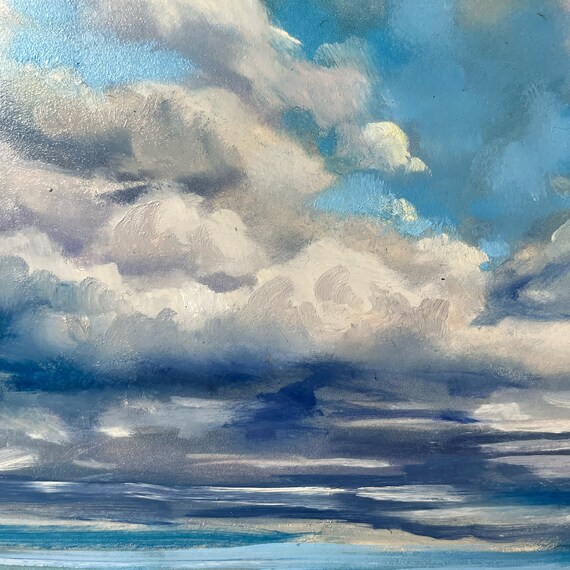 Original Oil Painting, Blue Purple Skies, Oil Paint on Wood