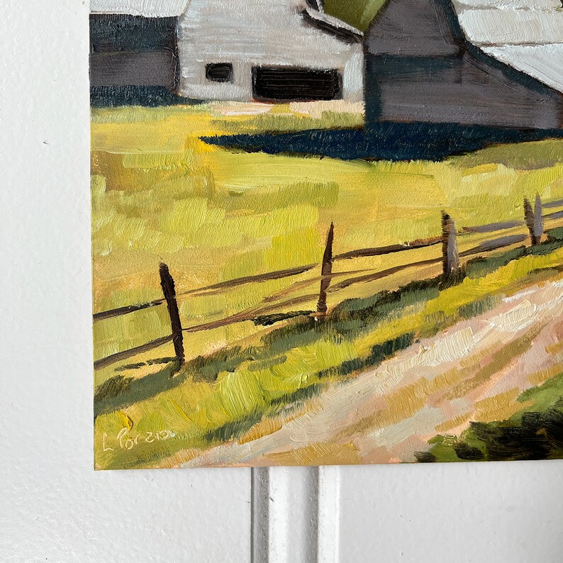 Original Oil Painting, Grey Barn Landscape, 8x8 signed by Artist, Oil Paint on Wood Panel, Farm Decor, Country Fine Art bild 3