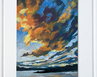 Original Oil Painting, Blue Purple Cloudscape, Lake Landscape Art