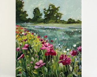 Original Floral Oil Painting, Field in Bloom, 8x10 Farm Art