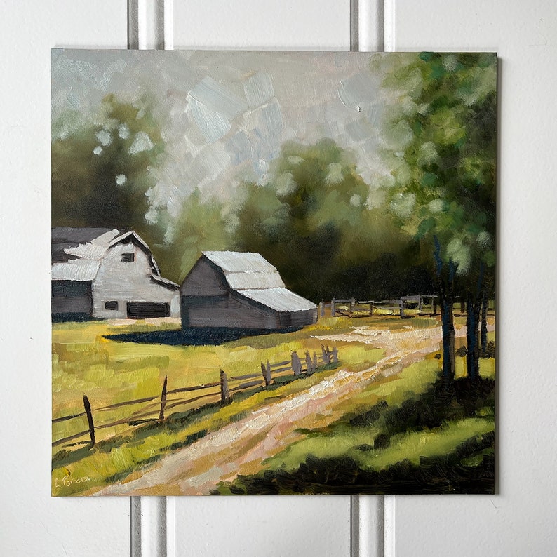 Original Oil Painting, Grey Barn Landscape, 8x8 signed by Artist, Oil Paint on Wood Panel, Farm Decor, Country Fine Art bild 1