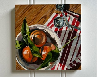 Oranges with Measuring Spoons, Original Oil Painting, Unframed 8x8