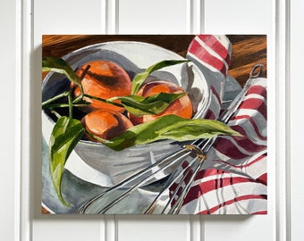 Original Oil Painting, Oranges Still Life with Whisk, 8x10 Culinary Art