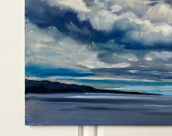 Original Oil Painting, Blue Purple Cloudscape, Lake Landscape Art