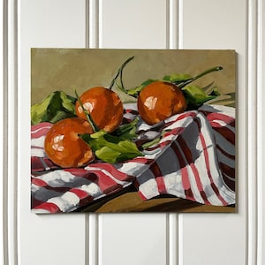 Winter Oranges with Towel, Original Oil Painting - 8x10 Unframed