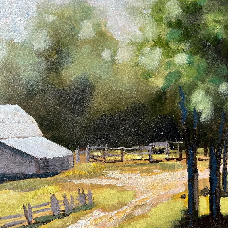 Original Oil Painting, Grey Barn Landscape, 8x8 signed by Artist, Oil Paint on Wood Panel, Farm Decor, Country Fine Art bild 4