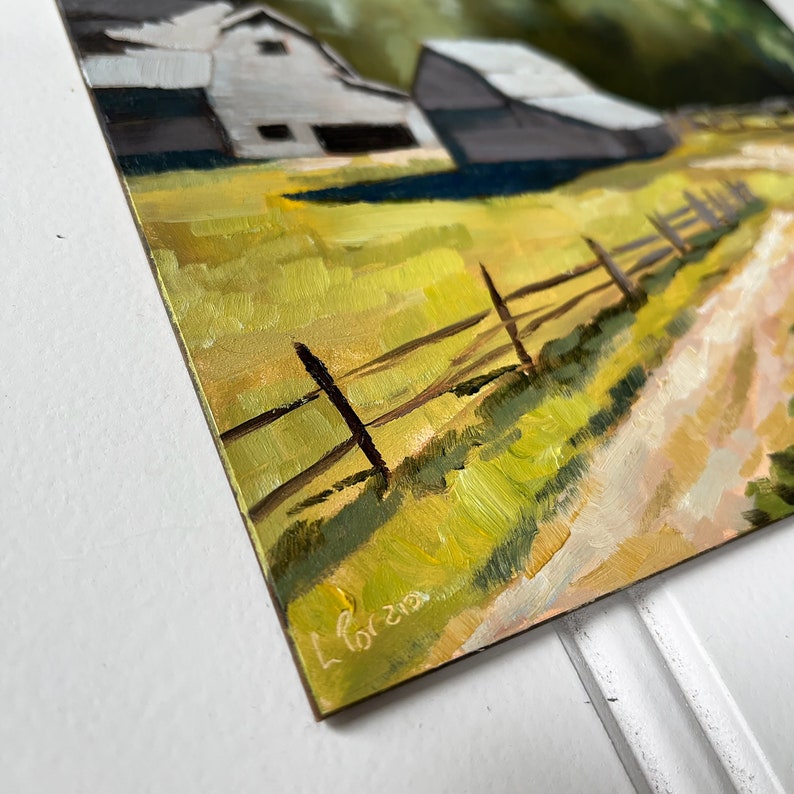 Original Oil Painting, Grey Barn Landscape, 8x8 signed by Artist, Oil Paint on Wood Panel, Farm Decor, Country Fine Art bild 2