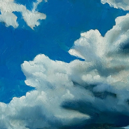 Original Oil Painting, Blue Purple Cloudscape, Lake Landscape Art