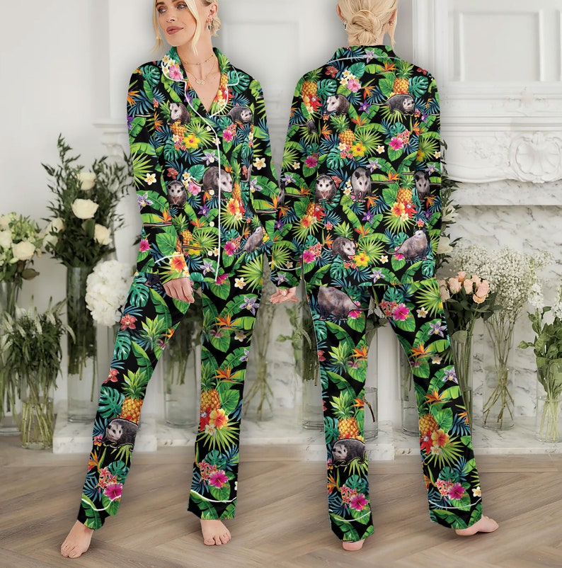 Tropical Pineapple Possum Pajamas, Palm Leaf Hawaiian Opossum Womens