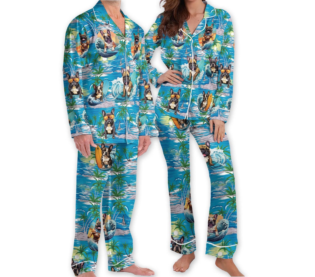 Surfing Bulldog Hawaiian Pajamas, Aloha Beach Pajamas, Family Matching