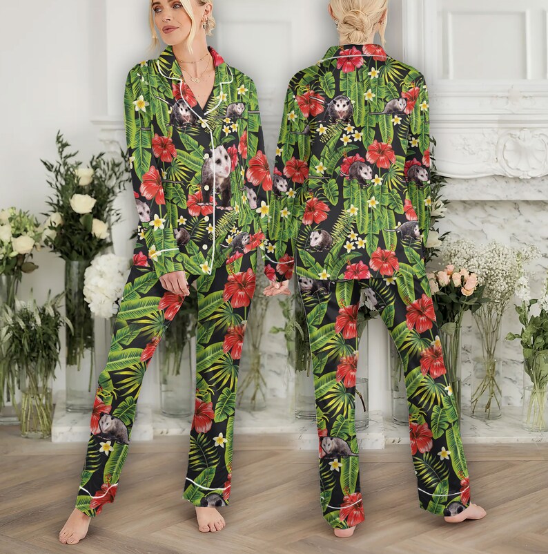Hawaiian Possum Pajamas, Screaming Possum Pjs Set, Tropical Palm Leaf