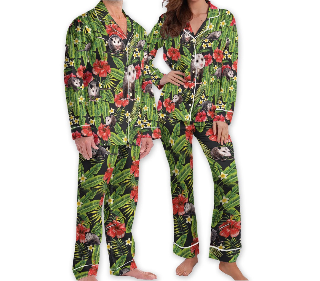 Hawaiian Possum Pajamas, Screaming Possum Pjs Set, Tropical Palm Leaf