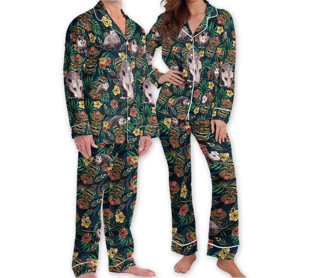 Hawaiian Possum Pajamas Set, Tropical Tiki Mask Holiday Pajamas Set