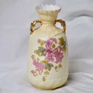Antique Floral Vase | Hand Painted Vase | Gilded Handles | Antique Vase