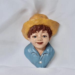 Carol Rardon Chalkware Wall Head | Boy with Yellow Hat | Vintage Hand-Painted Plaque | Signed Art