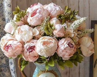 Artificial Silk Peony Bouquet in Assorted Colours l Peony Flowers, Hydrangea buds, Astilbe and Foliage