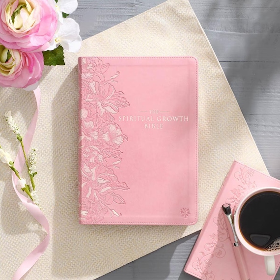 Personalized NLT Spiritual Growth Bible | Pink Faux Leather Engraved Bible for Women