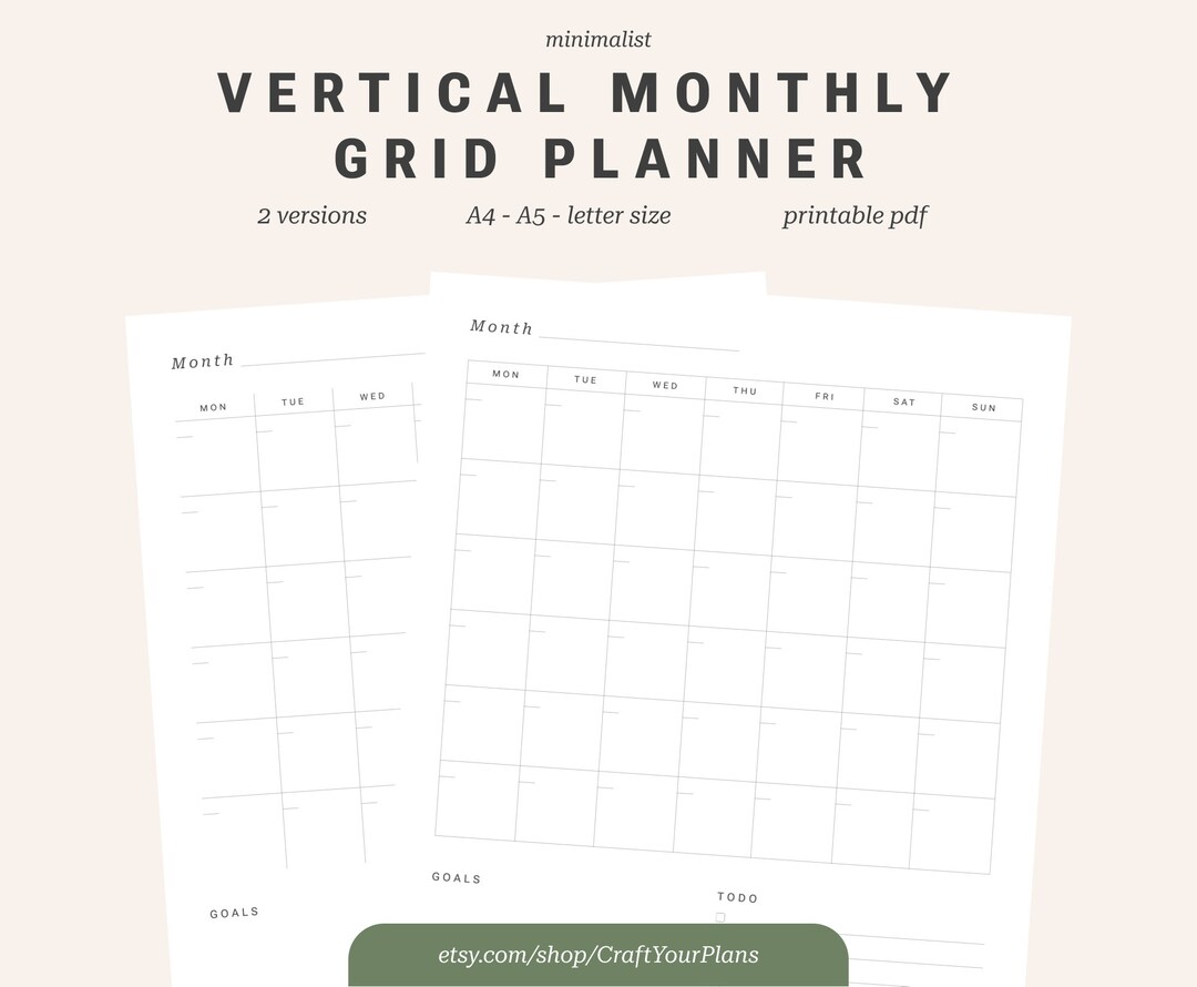 Vertical Monthly Grid Printable Planner Minimalist Monday &amp; Sunday ...