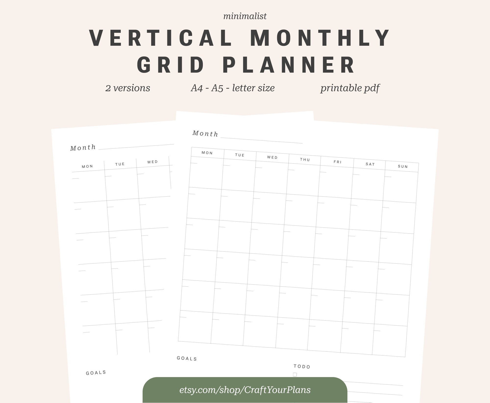 Vertical Monthly Grid Printable Planner Minimalist Monday & Sunday ...