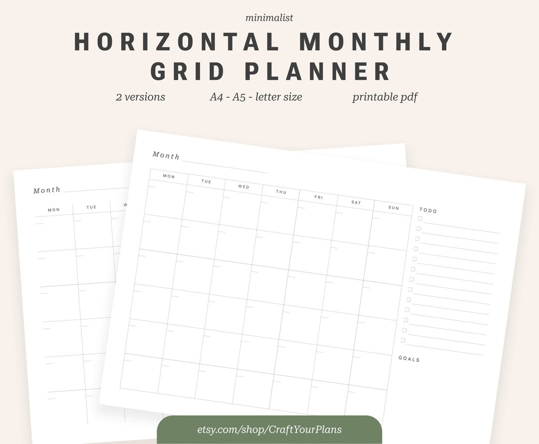 Horizontal Monthly Grid Printable Planner Minimalist Monday & Sunday ...