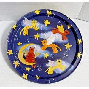 Vintage Angel Cats Tin Serving Tray Blue Celestial Starry Night Round 13"