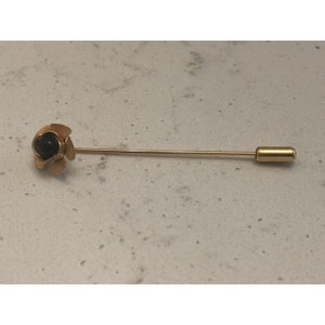 Vintage Gold Tone Flower with Black Stone Stick Pin Lapel Brooch