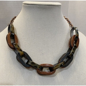 Vintage Brown Black Tortoise Type Chain Link Necklace Texture Layers Statement