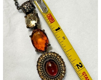 NRT Avon Nina Ricci Necklace Pendant Amber Rhinestone Chunky Boho Chic Artsy